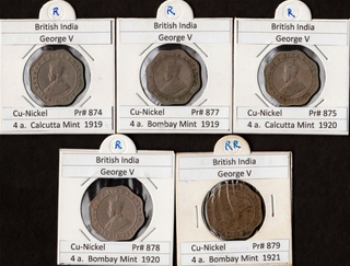 King George V Cupro Nickel Four Annas Five Coins Collection of Calcutta and Bombay Mint of 1919, 1920, 1921.