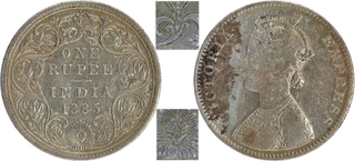 Victoria Empress Silver One Rupee Coin of Dual Mint Mark of Bombay Mint of 1885.