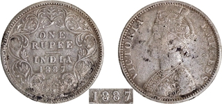 Rare 1887 (7 over 6) Silver One Rupee Coin of Victoria Empress of Bombay Mint.