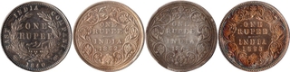 Lot of Four Silver One Rupee Coins of Victoria Queen and Empress of Different Mint and Years.