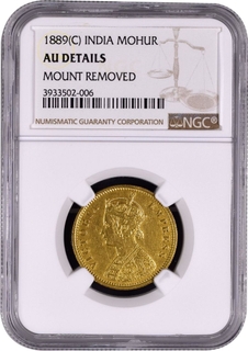 Extremely Rare NGC AU Graded Gold One Mohur Coin of Victoria Empress of Calcutta Mint of 1889.