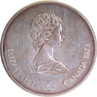 Silver Five Dollars Coin of Queen Elizabeth II of Canada of 1973.