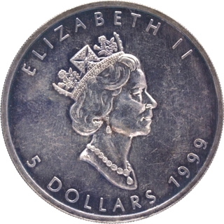 Silver Five Dollars Coin of Queen Elizabeth II of Canada of 1999.