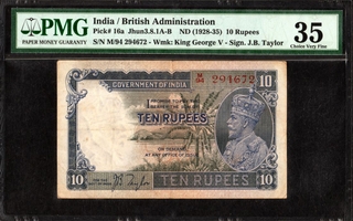  PMG 35 Graded Ten Rupees Banknote of British India Signed by J B Taylor of 1935 of King George V.