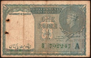 Rare Pakistan Overprint One Rupee Banknote of 1948 of King George VI Signed by C E Jones of Pakistan Issue.