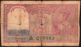 Rare Pakistan Overprint Two Rupees Banknote of King George VI Signed by C D Deshmukh of 1948 of Pakistan Issue.