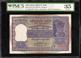 PMCS graded Signed by P.C. Bhattacharya of Hundred Rupees Banknote of Republic India of 1960.