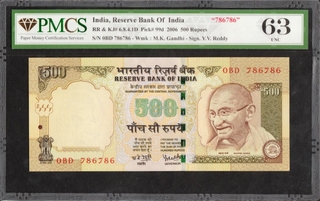 PMCS Graded as 63 UNC Five Hundred Rupees Fancy No 786786 Banknote Signed by Y V Reddy of Republic India of 2006.