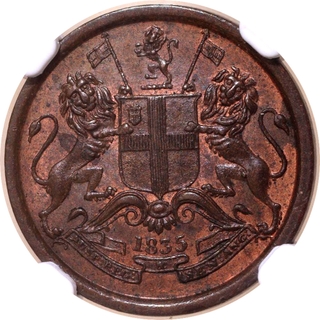 Scarce NGC MS 63 BN Graded Copper One Twelfth Anna Coin of East India Company of Madras Mint of 1835.