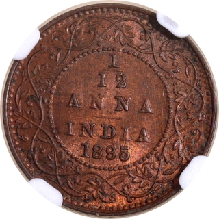 Extremely Rare Top Pop NGC MS 63 BN Graded Copper One Twelfth Anna Coin of Victoria Empress of Calcutta Mint of 1895.