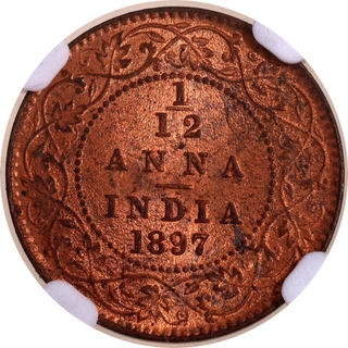 Rare NGC MS 64 RB Graded Copper One Twelfth Anna Coin of Victoria Empress of Calcutta Mint of 1897.