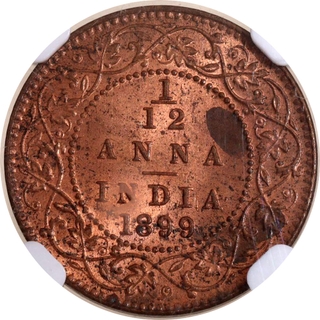 NGC MS 63 RB Graded Copper One Twelfth Anna Coin of Victoria Empress of Calcutta Mint of 1899.