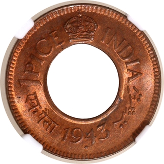 Rare NGC MS 66 RB Graded Bronze One Pice Coin of King George VI of Bombay Mint of 1943.