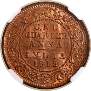 NGC MS 64 RD Graded Bronze One Quarter Anna Coin of King George V of Calcutta Mint of 1912.