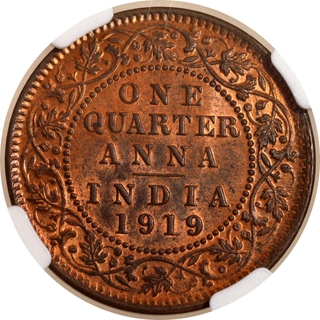 NGC MS 64 RB Graded Bronze One Quarter Anna Coin of King George V of Calcutta Mint of 1919.