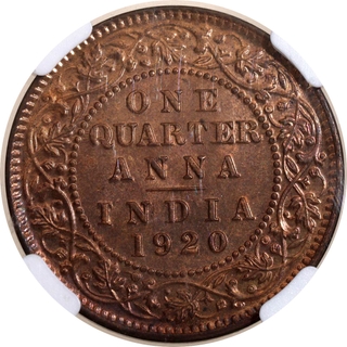 NGC MS 64 RB Graded Bronze One Quarter Anna Coin of King George V of Calcutta Mint of 1920.