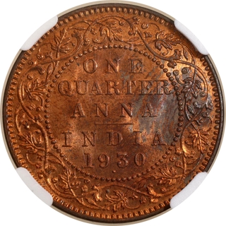 NGC MS 63 RB Graded Bronze One Quarter Anna Coin of King George V of Bombay Mint of 1930.