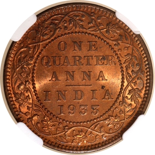 NGC MS 64 RB Graded Bronze One Quarter Anna Coin of King George V of Calcutta Mint of 1933.