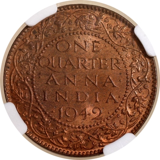 NGC MS 63 RB Graded Bronze One Quarter Anna Coin of King George VI of Bombay Mint of 1942.