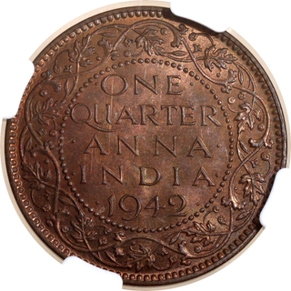 Scarce NGC MS 63 BN Graded Bronze One Quarter Anna Coin of King George VI of Calcutta Mint of 1942.