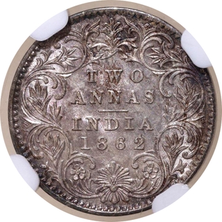 NGC MS 63 Graded Silver Two Annas Coin of Victoria Queen of Calcutta Mint of 1862.