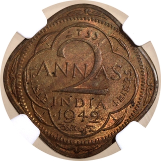 NGC MS 63 Graded Nickel Brass Two Annas Coin of King George VI of Bombay Mint of 1942.