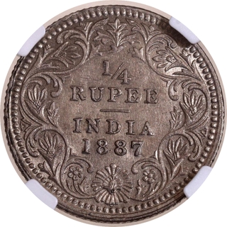 NGC AU 58 Graded Silver Quarter Rupee Coin of Victoria Empress of Calcutta Mint of 1887.