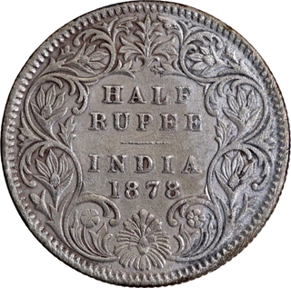 Very Rare Difficult dated 1878 Silver Half Rupee Coin of Victoria Empress of Calcutta Mint.