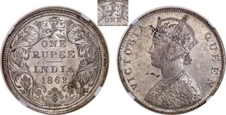 Extremely Rare NGC MS 62+ Graded Silver One Rupee Coin of Victoria Queen of Bombay Mint of 1862.