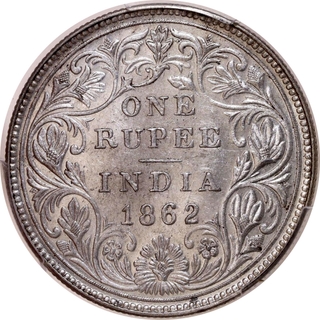 PCGS AU 55 Graded Silver One Rupee Five Panels Coin of Victoria Queen of Bombay Mint of 1862.