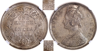 Extremely Rare NGC MS 61 Graded Silver One Rupee Coin of Bombay Mint of Victoria Queen of 1862.