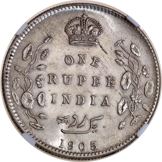 NGC UNC Graded Silver One Rupee Coin of Calcutta Mint of King Edward VII of 1905.