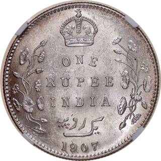 Rare NGC MS 62 Graded Silver One Rupee Coin of King Edward VII of Bombay Mint of 1907.