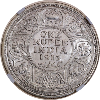 NGC UNC Graded Silver One Rupee Coin of King George V of Calcutta Mint of 1913.