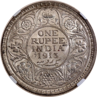 NGC MS 61 Graded Silver One Rupee Coin of King George V of Bombay Mint of 1913.