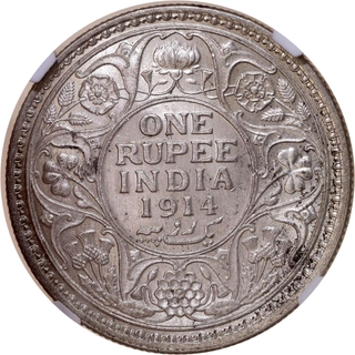 NGC UNC Graded Silver One Rupee Coin of King George V of Calcutta Mint of 1914.