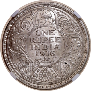 Scarce NGC MS 60 Graded Silver One Rupee Coin of King George V of Calcutta Mint of 1916.