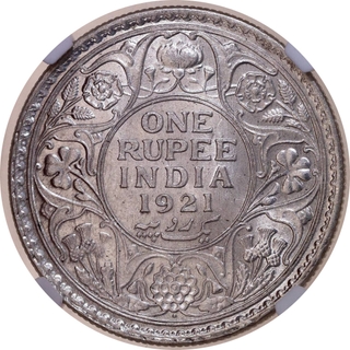 Rare Date 1921 NGC AU 58 Graded Silver One Rupee Coin of King George V of Bombay Mint.