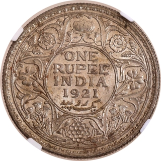 Difficult Date 1921 NGC MS 62 Graded Silver One Rupee Coin of King George V of Bombay Mint of 1921.