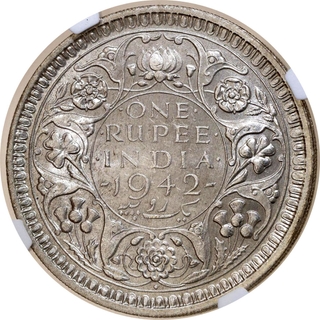 Rare NGC MS 63 Graded Silver One Rupee Coin of King George VI of Bombay Mint of 1942.