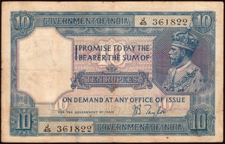 Extremely Rare Ten Rupees Banknote of British India of King George V of  1926 Signed by J B Taylor.  