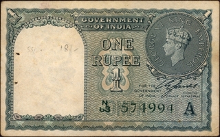 N Prefix One Rupee Banknote of King George VI Signed by C E Jones of 1944.