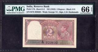 Very Rare PMG 66 Graded Two Rupees Banknote of British India of King George VI of  1943 of Signed by C D Deshmukh.