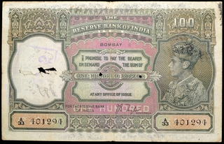 One Hundred Rupees Banknote of King George VI Signed by J B Taylor of 1938 of Bombay Circle.