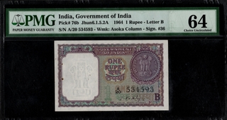 Rare PMG Graded 64 Choice Uncirculated One Rupee Banknote Signed by S Bhoothalingam of Republic India of 1964.