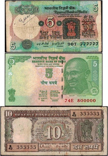 Fancy Number Five Rupees and Ten Rupees Banknotes of Republic India.