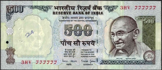 777777 Fancy Number Five Hundred Rupees Banknote Signed by Bimal Jalan of Republic India.