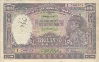 King George VI. 1000Rs. 1938. J.B.Taylor. Calcutta Circle. SrNo: AO 799708. Rare. Fine.