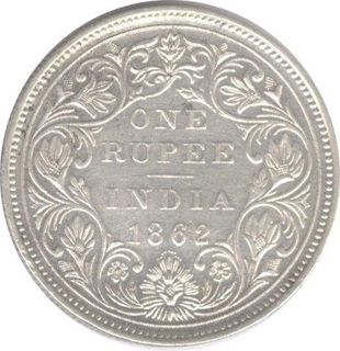 Victoria Queen. Silver. 1 Rupee. 1862. A/II(A). 0/10 Dot. Uncommon dot style. Bombay Mint. XF. Scarce.