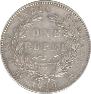 Victoria Queen. Silver. 1 Rupee. 1840. Divided Legend. 'W.W.B' Raised. No Dot after 'B'. 13+15 Berries. Fine++. Scarce.